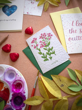Load image into Gallery viewer, Wildflower plantable seed paper greeting card with watercolor catchfly and green envelope.